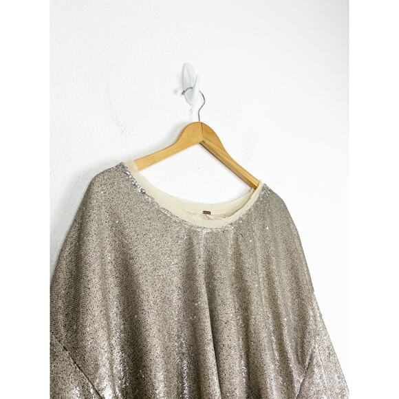 Free People Champagne Dreams Tee Small Neutral Gold Sequin Oversized Cropped - Picture 7 of 13
